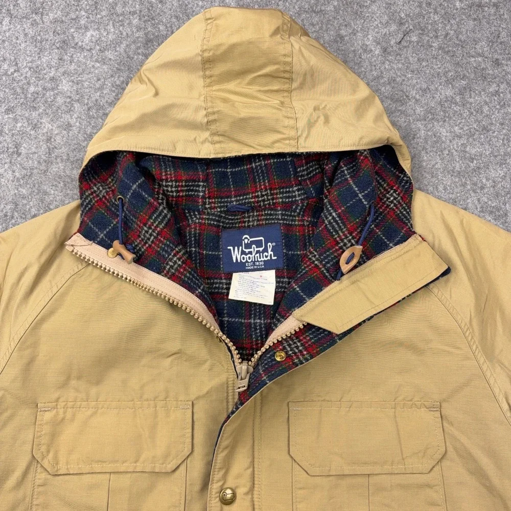 VTG Woolrich Jacket Mens Medium Tan Mountain Parka Wool Plaid Lined USA Made